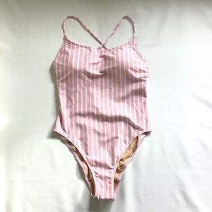 J. Crew pink and white striped lace back swimsuit